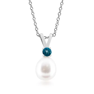 9-10mm Cultured Freshwater Pearl & London Blue Topaz Pendant in Sterling Silver