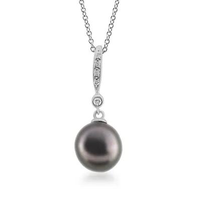 9-10mm Black Tahitian Pearl & Diamond Accent Drop Pendant in 14K White Gold