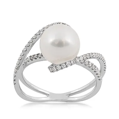 9-10mm Cultured Freshwater Pearl & 3/8 ct. tw. Diamond Swirl Bypass Ring 14K White Gold