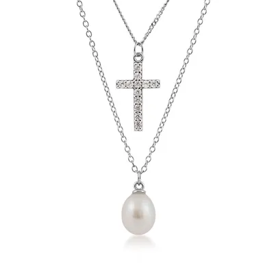 8-9mm Cultured Freshwater Pearl & Created White Sapphire Cross Layered Necklace in Sterling Silver