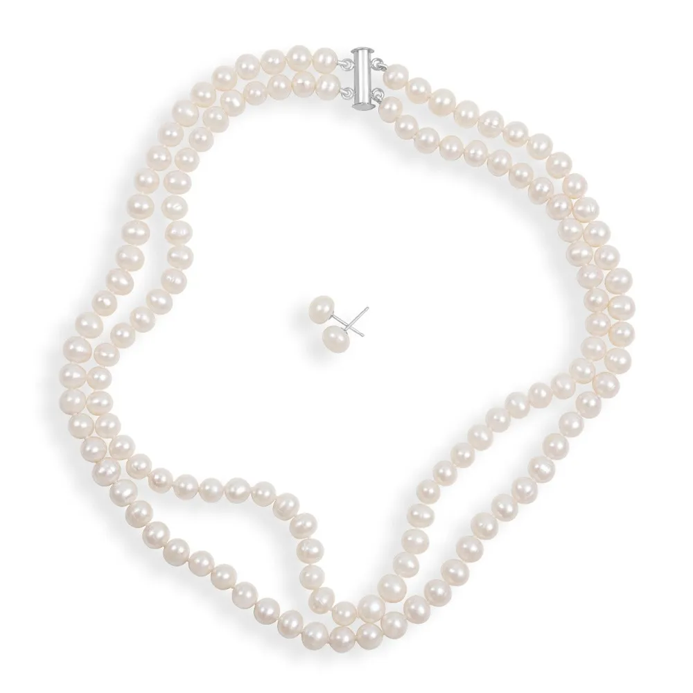 Cultured Freshwater Pearl Double Row Necklace & Earring Set in Sterling Silver