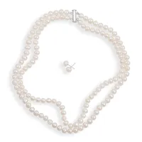 Cultured Freshwater Pearl Double Row Necklace & Earring Set in Sterling Silver