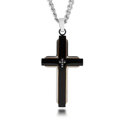 Cubic Zirconia Cross Pendant in Tri-Tone Stainless Steel