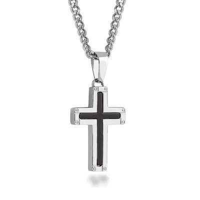 Cross Pendant with Black Enamel in Stainless Steel