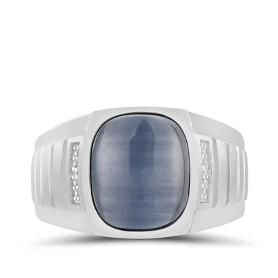 Men's Cushion Gray Cat's Eye & Diamond Accent Ring 10K White Gold