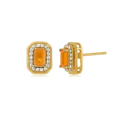 American Colors Emerald Cut Fire Opal & 1/7 ct. tw. Diamond Halo Earrings in 10K Yellow Gold