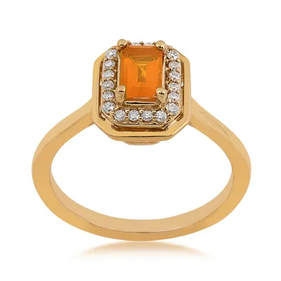 American Colors Emerald Cut Fire Opal & 1/8 ct. tw. Diamond Halo Ring 10K Yellow Gold