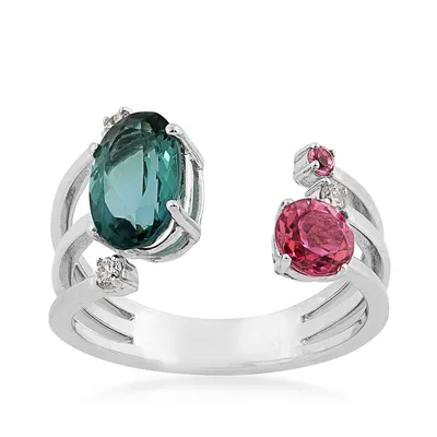 Oval Green Tourmaline, Pink Tourmaline & 1/10 ct. tw. Diamond Open Ring 14K White Gold