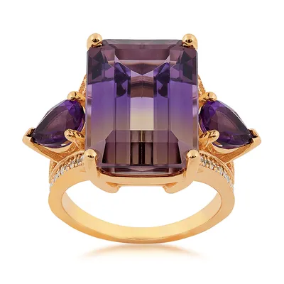 Emerald Cut Ametrine, Pear Amethyst & 3/8 ct. tw. Diamond Milgrain Ring 14K Yellow Gold