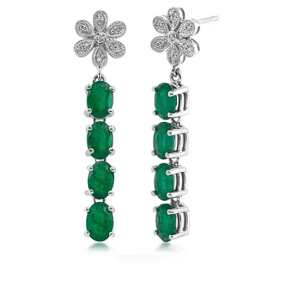 Oval Emerald & 1/10 ct. tw. Diamond Milgrain Flower Dangle Earrings in 14K White Gold