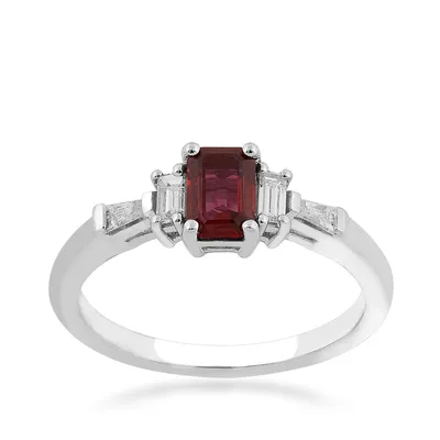 Emerald Cut Ruby & 1/4 ct. tw. Baguette Diamond Ring 14K White Gold