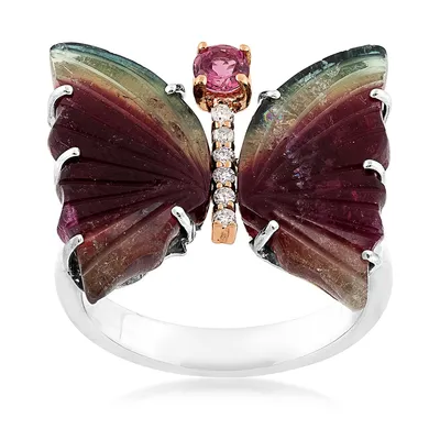 Bi-Color Tourmaline, Pink Tourmaline & 1/6 ct. tw. Diamond Butterfly Ring 14K White Yellow Gold