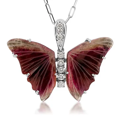 Bi-Color Tourmaline & 1/5 ct. tw. Diamond Butterfly Pendant in 14K White Gold