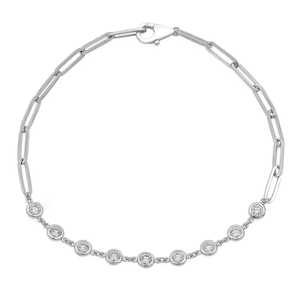 1 ct. tw. Diamond Bezel Station & Paperclip Chain Bracelet in 14K White Gold