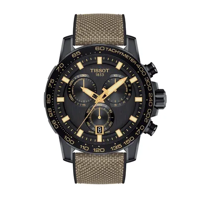 Tissot Men's Supersport Chrono Black Stainless Steel Watch with Brown Fabric & Rubber Strap