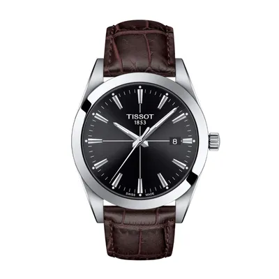 Tissot Men's Gentleman Stainless Steel Watch with Black Dial & Brown Leather Strap