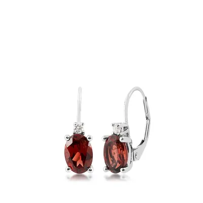 Oval Garnet & Diamond Accent Earrings in 14K White Gold