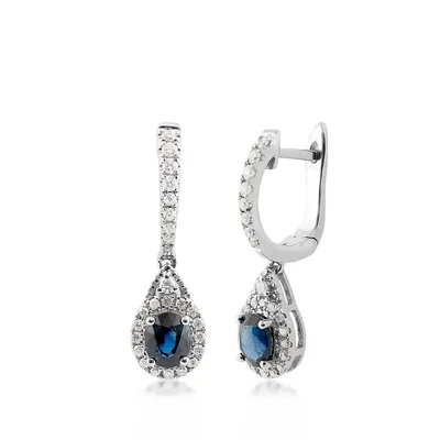 Oval Sapphire & 1/3 ct. tw. Diamond Halo Drop Earrings in 10K White Gold