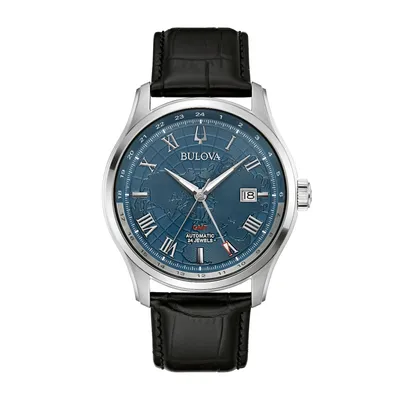 Bulova Wilton GMT Stainless Steel Watch with Blue Map Dial & Black Leather Strap