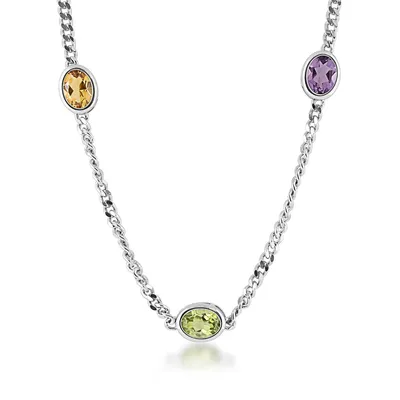 Oval Bezel Set Multi-Gemstone Station Necklace on 2.8mm Curb Chain in Sterling Silver