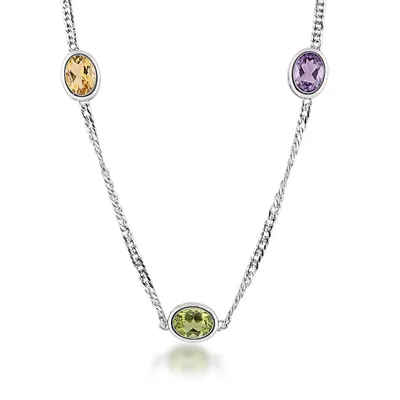 Oval Bezel Set Multi-Gemstone Station Necklace on 2mm Curb Chain in Sterling Silver