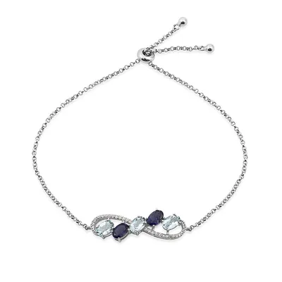 Oval Aquamarine, Iolite & 1/10 ct. tw. Diamond Infinity Bolo Bracelet in Sterling Silver