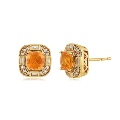 American Colors Cushion Fire Opal & 1/6 ct. tw. Round & Baguette Diamond Halo Earrings in 10K Yellow Gold