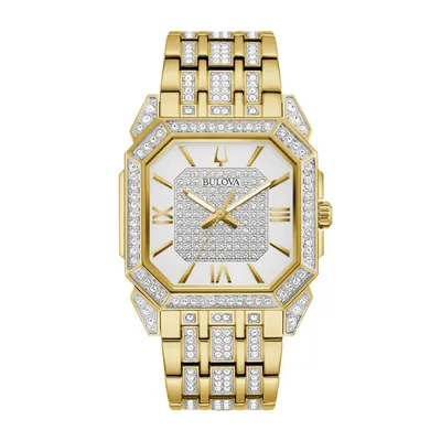 Bulova Men's Octava Gold-Tone Stainless Steel Watch with Crystal Accent White Dial