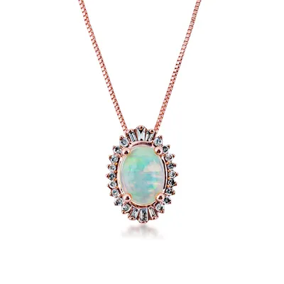 Impulse Collection Oval Opal & 1/8 ct. tw. Round & Tapered Baguette Diamond Starburst Halo Pendant in 10K Pink Gold