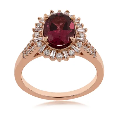 Oval Rhodolite Garnet & 3/8 ct. tw. Baguette Round Diamond Starburst Halo Ring 14K Pink Gold