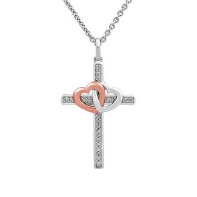 Hallmark Diamond Accent Cross & Double Heart Pendant in Sterling Silver & 10K Pink Gold