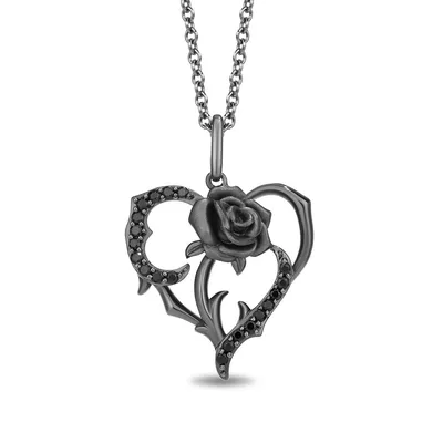 Enchanted Disney Maleficent 1/6 ct. tw. Treated Black Diamond Thorned Rose Heart Pendant in Black Rhodium Plated Sterling Silver