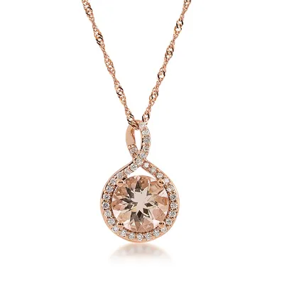 Round Morganite & 1/10 ct. tw. Diamond Halo Twist Pendant in 14K Pink Gold