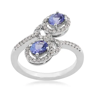 2-Stone Oval Tanzanite & 1/3 ct. tw. Diamond Floating Halo Bypass Ring 14K White Gold