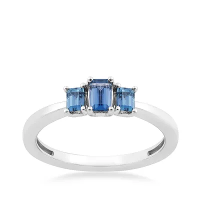 Baguette Yogo Sapphire 3-Stone Ring 10K White Gold