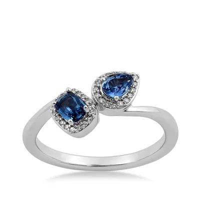 Pear & Cushion Yogo Sapphire Diamond Halo Toi et Moi Ring 10K White Gold