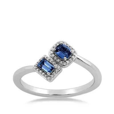 Baguette & Cushion Yogo Sapphire 1/10 ct. tw. Diamond Toi et Moi Ring 10K White Gold