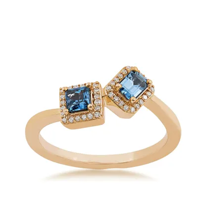 Princess & Emerald Cut Yogo Sapphire Diamond Halo Toi et Moi Ring 10K Yellow Gold