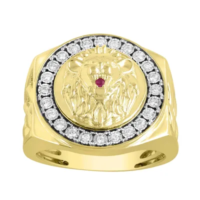 1/4 ct. tw. Men's Diamond & Ruby Lion Head Ring with Miracle Plates 10K Yellow Gold