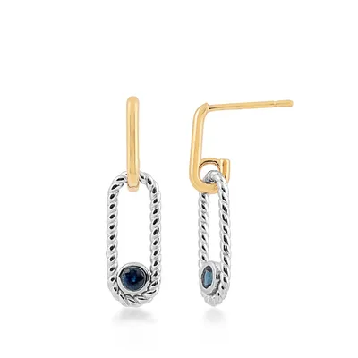 Round Sapphire Rope Paperclip Drop Earrings in Sterling Silver & 10K Yellow Gold