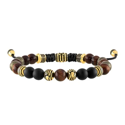 Bulova Men's Tiger's Eye & Onyx Bead Adjustable Bracelet in Gold-Tone Ion Plated Stainless Steel