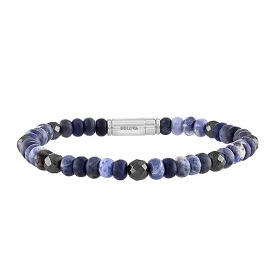 Bulova Men's Sodalite & Hematite Bead Bracelet in Rhodium Plated Sterling Silver