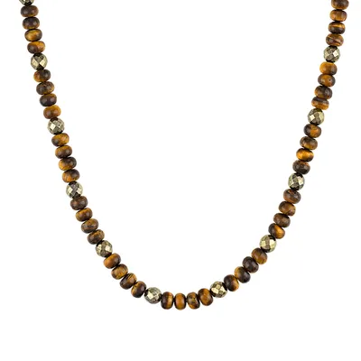 Bulova Men's Tiger's Eye & Pyrite Bead Necklace in 14K Yellow Gold Plated Sterling Silver