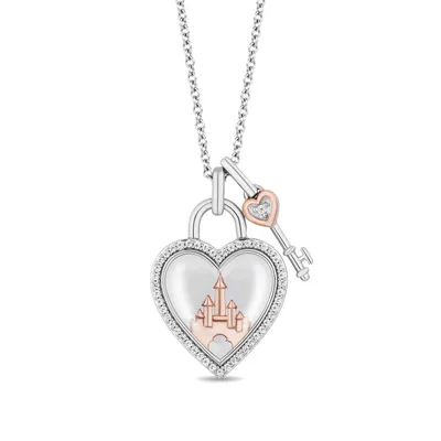 Enchanted Disney 1/6 ct. tw. Diamond 100th Anniversary Heart & Key Pendant with Quartz Lens in Sterling Silver & 10K Pink Gold