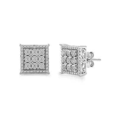 1/10 ct. tw. Diamond Square Cluster Earrings with Miracle Plates in Sterling Silver