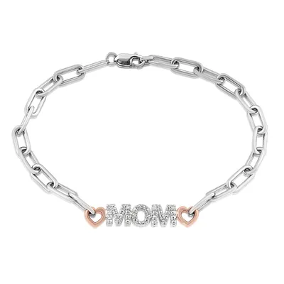 Diamond Accent Mom & Heart Paperclip Chain Bracelet in Sterling Silver & 10K Pink Gold