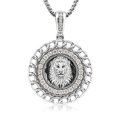 1/10 ct. tw. Men's Diamond Lion Head Medallion Pendant with Miracle Plates in Sterling Silver