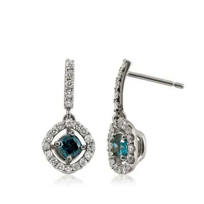 1 ct. tw. Cushion Treated Blue Diamond Floating Halo Drop Earrings in 14K Gold