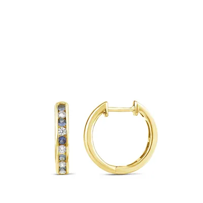 Yogo Sapphire & 1/4 ct. tw. Diamond Channel Set Hoop Earrings in 14K Gold