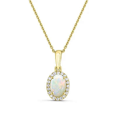 Oval Opal & 1/10 ct. tw. Diamond Halo Pendant in 14K Yellow Gold